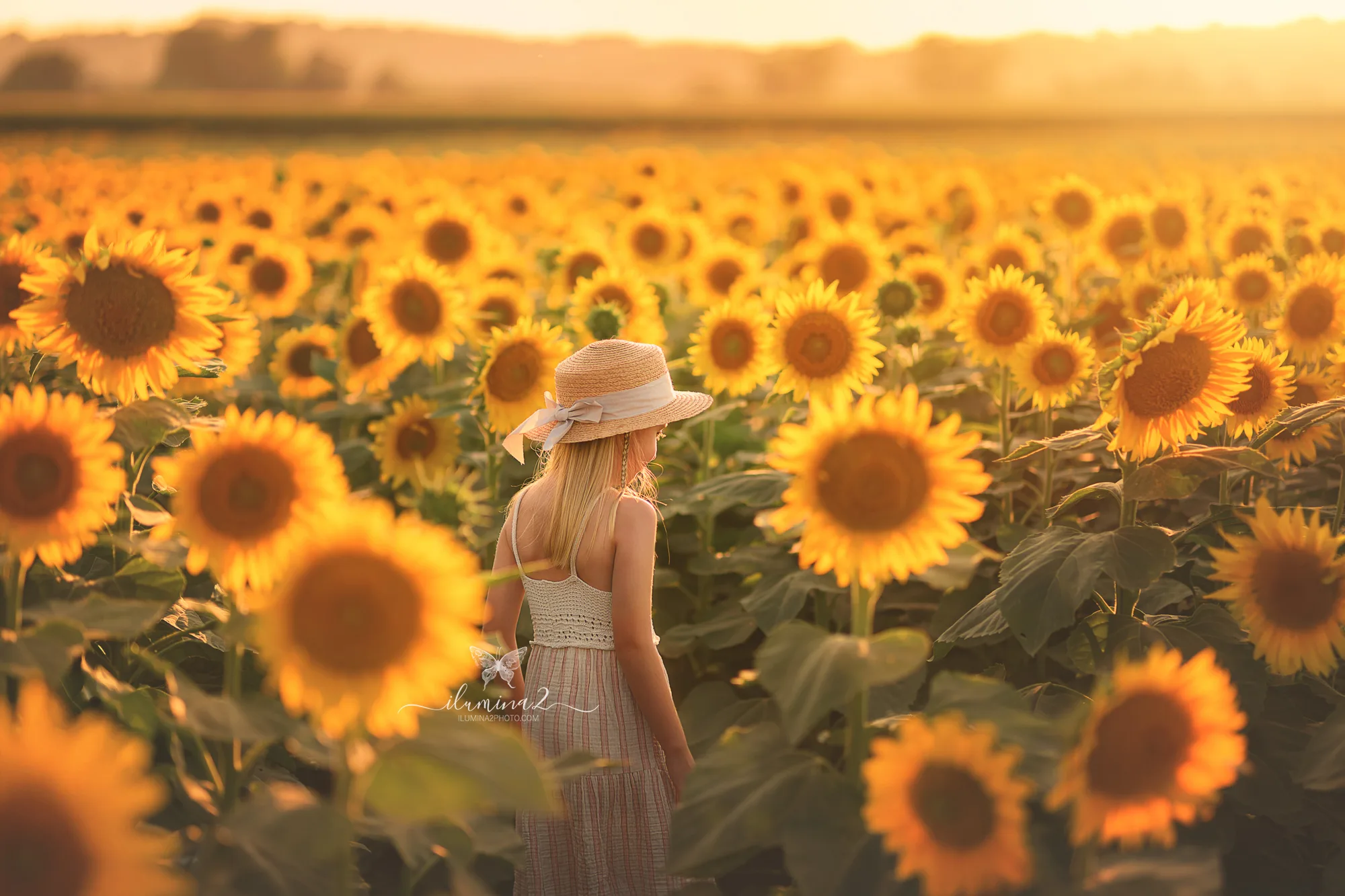 Sesión de fotos infantil en Barcelona en campo de girasoles.