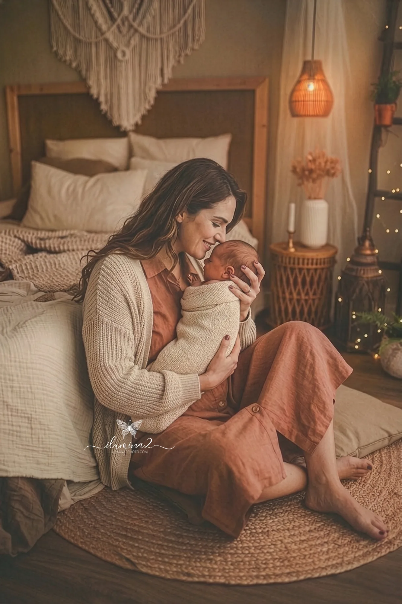 sesión newborn en Barcelona con bebé y papás en un ambiente cálido