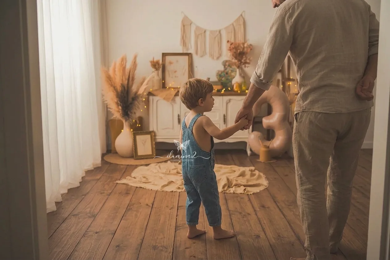 Niño cogido a su papá durante una sesión de fotos infantil